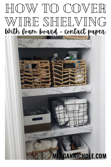 How to Cover Wire Shelving: $10 Foam Board DIY Hack - MeaganNichole.com Shelf Cover Diy, Pantry Shelf Cover, Wire Shelf Makeover, Easy Diy Stockings, Foam Board Diy, Covering Wire Shelves, Shelf Covers, Wire Shelf Covers, Easy Dyi