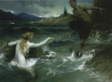 Leeke Ferdinand | The mermaid and the satyr (1917), oil on canvas, 39x53.1in | MutualArt Sirens And Mermaids, Mysterious Sea Creatures, Mermaid Mythology, Evil Mermaids, Dark Mermaid, Water Nymph, Goddess Of The Sea, Mermaid Images, Mermaids Sirens