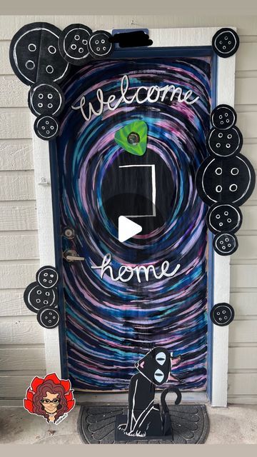 Diy Coraline Party Decorations, Coraline Door Decoration, Coraline Party Decorations, Coraline Door, Coraline Theme, Laika Studios, Coraline Movie, Christmas Door Decorating Contest, Door Decorating Contest