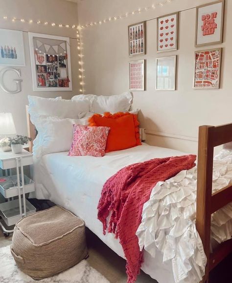 Dorm Bed No Headboard, Coral Dorm Room Ideas, Red And Pink Dorm Room, Sorority Room Ideas Decoration, Red And White Dorm Room Ideas, Neutral Dorm Room With Pop Of Color, Light Blue And Pink Dorm Room, White Dorm Room With Pops Of Color, Baby Pink Dorm Room