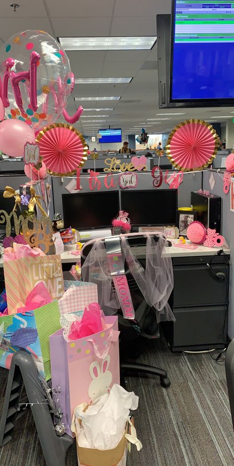 #workbabyshower #deskdecor #babygirl #pink Pink Office Cubicle Decor, Pink Cubicle Decor, Cubicle Birthday Decorations, Work Baby Showers, Office Baby Showers, Pinterest Room, Corporate Baddie, Desk Decorations, Cubicle Decor