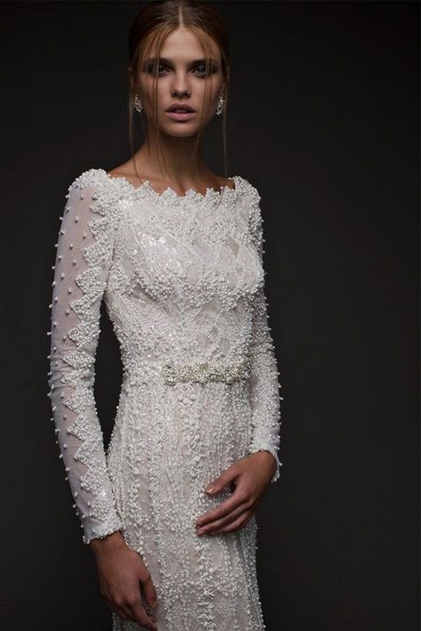 Ivory lace sheath gown with hand sewn pearl and sequin embroidery, zigzag pearl neckline – Wedding Dress : Chana Marelus Chana Marelus, Modest Wedding Gowns, Most Beautiful Wedding Dresses, Beautiful Wedding Gowns, Long Sleeve Wedding, Wedding Dress Sleeves, Perfect Wedding Dress, Wedding Dress Inspiration, Wedding Dress Long Sleeve