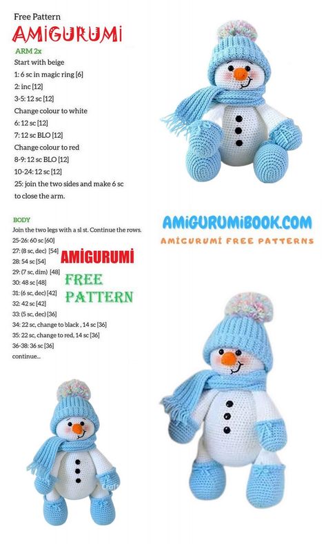 Christmas Snowman Amigurumi Free Pattern – Amigurumibook.com Crocheted Snowman, Snowman Amigurumi, Beanie Hat Crochet Pattern, Angel Pattern, Crochet Christmas Ornaments Free, Crocheted Animals, Christmas Crochet Patterns Free, Crochet Snowman, Crochet Xmas