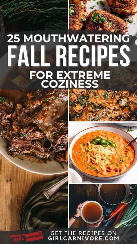 🍁 Fall in love with flavor! 🥘 Dive into our top 25 fall recipes that'll warm your soul and satisfy your cravings this autumn. From smoky roasts to hearty stews, we've got your seasonal menu covered. Trust the meat experts at GirlCarnivore to bring you the best dishes for those crisp fall days. Perfect for cozy nights in, game day parties, or impressing at holiday gatherings. Don't let fall pass you by without trying these incredible recipes! 🥩🍗🍖 #FallRecipes #ComfortFood #GirlCarnivore Canceling Plans, Best Fall Recipes, Meat Ideas, Pork Roast In Oven, Carnivore Recipes, Fall Fun Food, Chicken Enchilada Soup, Chicken Chili Recipe, Pot Roast Recipes