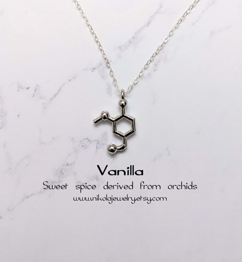 Vanilla Molecule Necklace. Vanillin is an organic compound with the molecular formula C8H8O3. It is a phenolic aldehyde. Pendant size: 1 x 1 inch. Purchase includes a natural jewelry box and gift packaging. Gift? Add-on a hummingbird card for only $7: https://www.etsy.com/listing/202506976/nikola-jewelry-hummingbird-card Add-on extender: https://www.etsy.com/listing/197483038/add-on-necklace-extender-chain-with Necklace longer than 20 inches: https://www.etsy.com/listing/196689227/extend-my-neck Chemistry Bracelet, Methane Molecule, Science Necklace, Hummingbird Card, Molecule Jewelry, Serotonin Necklace, Chemistry Jewelry, Christian Dior Bag, Molecule Necklace