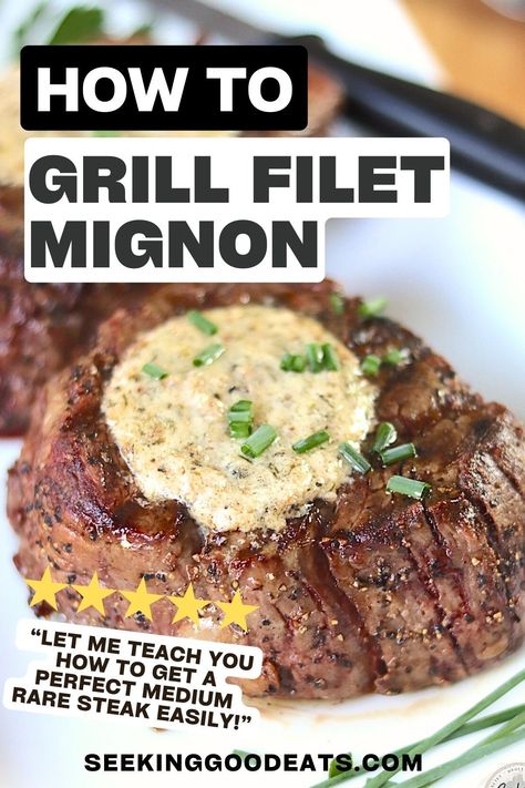 Let me teach you how to grill a filet mignon to perfection every time! Achieve the perfect medium rare filet that is juicy, tender, and super easy to do. Pair with your favorite sides and make my easy herb butter to top your steak for a luxurious finish. The perfect low-carb, high-protein meal any night of the week! Kitchen Swagger, Perfect Filet Mignon, Filet Mignon Recipe, Herb Butter Recipe, Rosemary Salt, Mignon Steak, Filet Mignon Recipes, Filet Mignon Steak, Tenderloin Steak