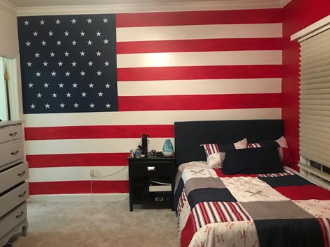 American Flag Accent Wall, Red White And Blue Bedroom Ideas, American Flag Bedroom Ideas, Flag Bedroom Ideas, Accent Wall Boys Bedroom, American Flag Room, American Flag Bedroom, Red White And Blue Bedroom, America Bedroom