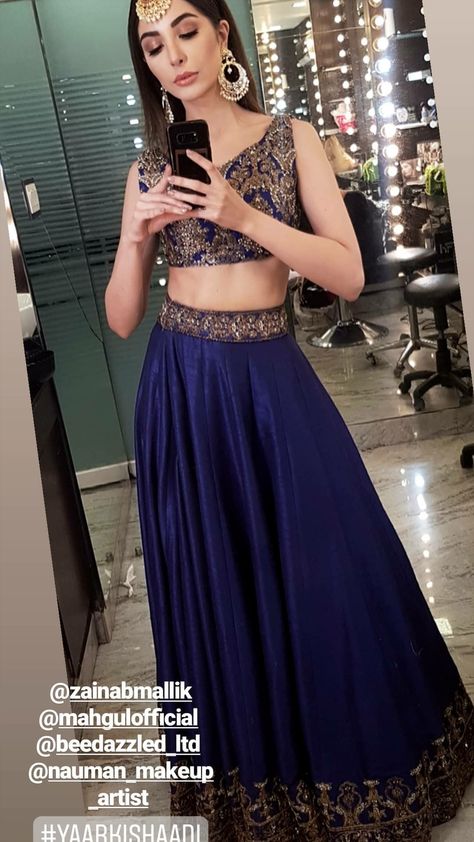 Navy blue lengha with a crop top Blue Lehenga Jewellery Ideas, Navy Lengha, Navy Blue Lengha, Lehanga Designs Navy Blue, Navy Blue Lehenga Makeup Look, Royal Blue Lehenga Color Combinations, Navy Blue Lehenga Simple, Lehenga Jewellery Ideas, Navy Blue Silk Lehenga