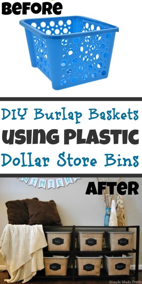 Find out how I made these DIY Burlap Baskets using Plastic Dollar Store Bins! DIY, Dollar Tree bins, Dollar store bins, Dollar Store DIY, Do it yourself burlap baskets, burlap baskets Dollar Tree Storage Bins, Dollar Store Bins, Dollar Tree Storage, Fabric Diy Projects, Dollar Tree Organization, Diy Projektit, Úložný Box, Dollar Store Hacks, Diy Burlap