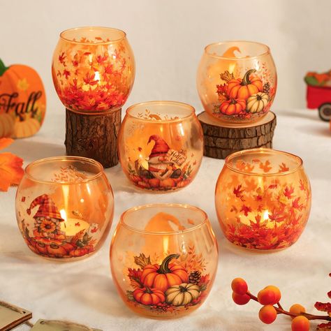 PRICES MAY VARY. Thanksgiving Table Decor: These Thanksgiving candle holders feature three delightful cartoon patterns: maple leaves, pumpkins, and gnomes, each capturing the essence of autumn's classical charm. The warm orange hue creates a cozy ambiance at your Thanksgiving gathering, enhancing the festive atmosphere throughout your home decor Fall Table Centerpieces: Each fall candle holder is of an opening of 2.5", measuring 3" in diameter and standing at 2.8" tall, allowing for tea lights, Tea Lights Mason Jars, Set Thanksgiving Table, Fall Themed Table Decorations, Fall Center Table Decor, Table Decor For Thanksgiving Dinner, Thanksgiving Decorations Party, Thanksgiving Christmas Decor, Friendsgiving Crafts, Fall Candle Ideas