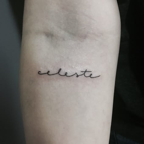 Word tattoo: Celeste tattoo for Uruguay. Done by Brazilian artist Fernanda Prado. Celeste Tattoo, Brazilian Artist, Word Tattoo, Tattoo Design Ideas, Name Tattoo, Name Tattoos, Word Tattoos, Tattoo Lettering, Wrist Tattoos