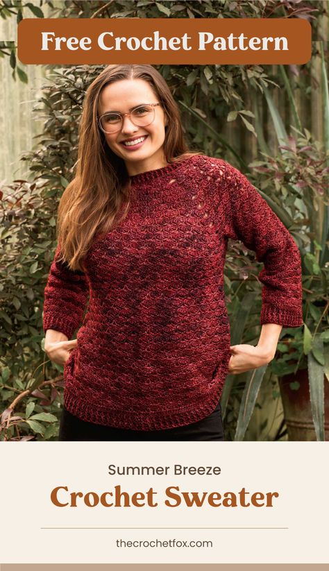 Complete your transitional wardrobe by making this modest light-weight crochet sweater that's perfect for everyday wear. This easy crochet pattern features seamless top down raglan construction with elegant neckline shaping and is made using a simple shell stitch pattern.| More free crochet patterns at thecrochetfox.com Summer Crochet Patterns Free, Easy Beginner Crochet Patterns, Cardigan Sweater Pattern, Crochet Sweater Free, Crochet Cardigan Pattern Free, Crochet Cardigan Sweater, Crochet Sweater Pattern Free, Crochet Tops Free Patterns, Shell Stitch