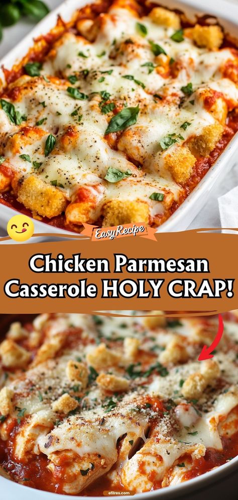 This Chicken Parmesan Casserole brings all the classic flavors of your favorite Italian dish in a hearty casserole form. Cheesy, saucy, and topped with crispy breadcrumbs, it’s so good it’ll make you exclaim, "Holy crap!" #ChickenParmesan #CasseroleLove #ItalianDinner