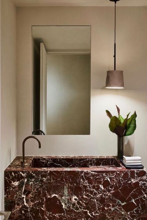 Our Rosso Levanto Marble looks beautiful in this design by Studio Lifestyle. This red stone with white veining offers a unique look to any design. Rosso Levanto Marble, Marble Interior Design, Marble Interior, Stone Interior, Red Marble, Italian Interior, Stone Bathroom, Bathroom Red, Marble Sinks