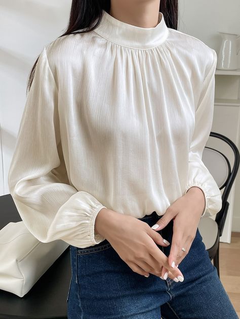 Beige Elegant Collar Long Sleeve Fabric Plain Top Embellished Non-Stretch  Women Clothing Women Blouses Fashion Classy, Bishop Sleeve Blouse, Fashionable Tops, Blouse Casual Fashion, Women Blouses Fashion, Fashion Top Outfits, Classy Work Outfits, Fashionista Clothes, Ropa Diy