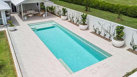 LeisurePoolsAU_Acclaim_12m_DiamondSand_Yeppoon_2020_Large Inground Pool Shapes, Backyard Pool Area, Fibreglass Pool, Garden Pool Design, Pool Paint, Leisure Pools, Fiberglass Swimming Pools, Outdoor Pool Area, Pool Inspiration