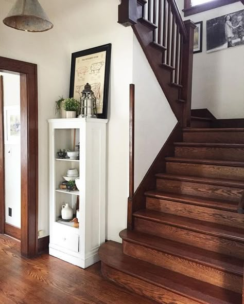 Dark Wood Trim, Oak Staircase, Craftsman Home Interiors, Stained Trim, Yellow Brick Home, Dark Trim, Antique Home, Foyer Decorating, Brick Home