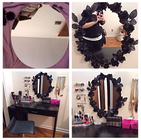 My own vanity. Made the mirror myself out of a plain oval frame, fake black roses and black stones. Absolutely fell in love with this project Diy Gothic Mirror Frame, Diy Goth Mirror Frame, Diy Goth Mirror, Goth Mirror, Mirror Frame Makeover, Pink Black Room, Goth Room Ideas, Content Room, Mirror Redo