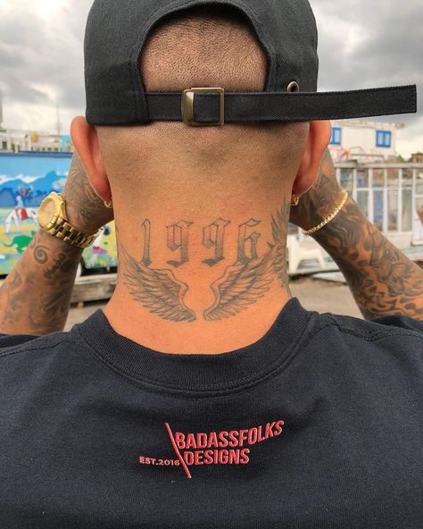 Back Of Neck Tattoo Men, Wing Neck Tattoo, Gangsta Tattoos, Ring Finger Tattoos, Back Of Neck Tattoo, Neck Tattoo For Guys, Celtic Tattoos, Memorial Tattoos, Hand Tattoos For Guys