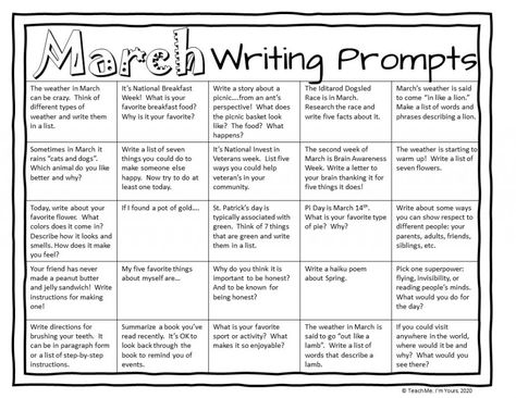 March Journal Prompts, March Poetry Prompts, 6th Grade Writing Prompts, Writing Prompts Monthly, Easy Writing Prompts, March Writing Prompts For Kids, Spring Break Writing Prompt, April Writing Prompts, Easter Writing Prompts