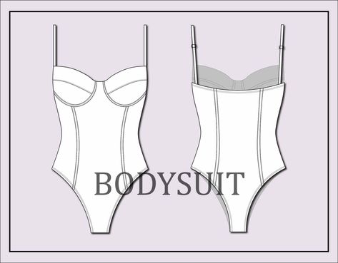 Bodysuit Flat Sketch, Swimsuit Technical Drawing, Bodysuit Technical Drawing, Bodysuit Sketch, Fashion Flat Sketch, Bodysuit Pattern, Bustier Bodysuit, Flat Sketches, Bodysuit Lingerie