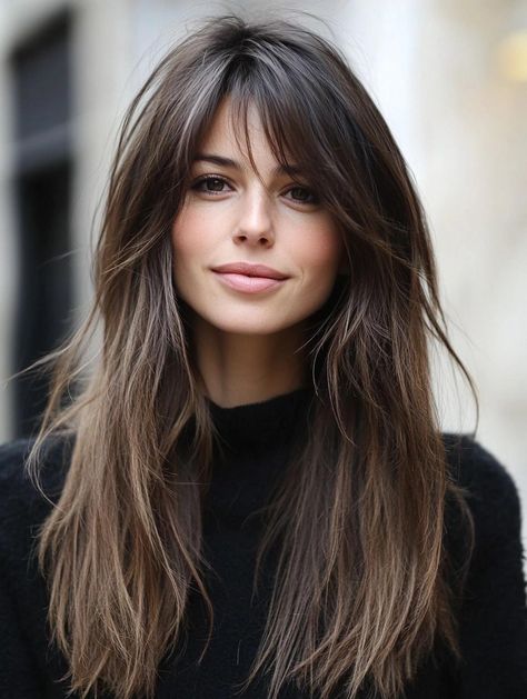 Effortless Style with Long Shaggy Hairstyles: A Guide to Texture and Volume Shaggy Long Bangs, Shag Curtain Bangs Long Hair, Long Shaggy Haircut For Fine Hair, Sweeping Bangs Long Hair, Hair Volume Styles, Side Bangs Thick Hair, Curtain Bangs With Shag, 2024 Side Bangs, Shaggy Curtain Bangs Long Hair