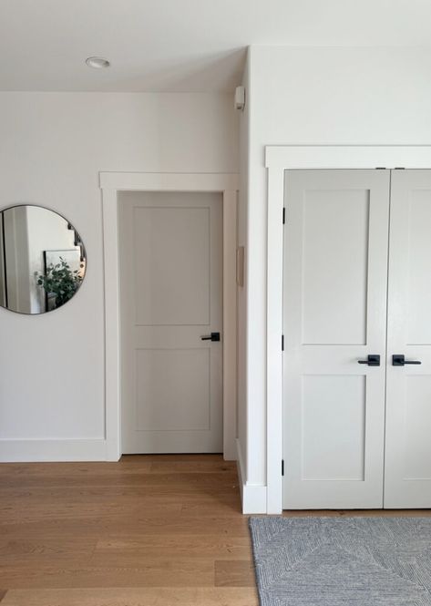 The Best Interior Trim & Door Colors That Aren't White - Kylie M Interiors Not White Doors, Grey Door White Trim, Not White Interior Doors, Door Color For White Walls, White Walls And Doors, Grey French Doors Interior, Pale Oak Interior Doors, White Walls Coloured Doors, Grey Interior Doors With White Trim