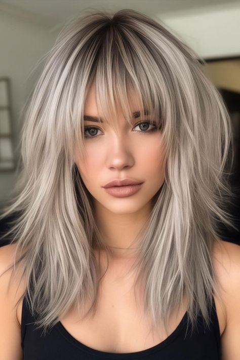 Ash Blonde Shag Haircut, Long Blonde Shag Haircut No Bangs, Blonde Hush Cut, Platinum Wolf Cut, Shag Hairstyles Straight Hair, Long Blonde Shag, Medium Layer Haircut, Platinum Blonde Shag, Bardot Haircut