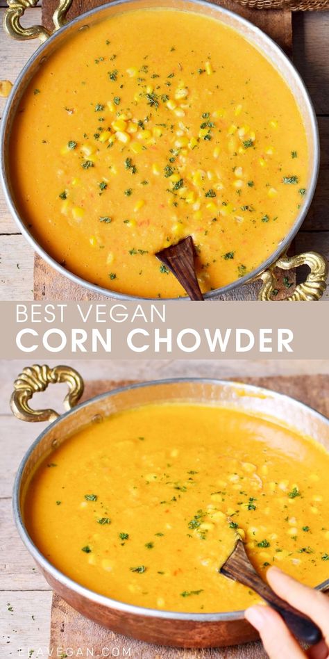 Low Fat Creamy Soups, Vegetarian Gluten Free Soup Recipes, Vegan Corn Chowder Recipe, Healthy Corn Soup, Vegan Corn Soup, Vegan Low Fat Recipes, Low Fat Soup Recipes, Corn Soup Vegan, Corn Chowder Vegan