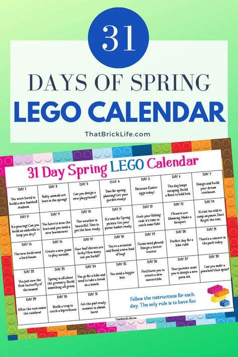 Thinking about Spring? We put together a 31 Days of Spring LEGO Calendar. It’s a great way to really challenge kids to create something new with their LEGO bricks! Lego Challenges For Kids, Lego Stem Challenge, Lego Calendar, Challenges For Kids, Lego Challenge, Star Wars Set, Creative Box, Lego Bricks, Lego Toys