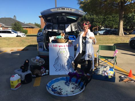 Cat Lady Trunk Or Treat, Black Cat Trunk Or Treat Ideas, Trunk Or Treat Cat Theme, Cat Trunk Or Treat, Trunk Or Treat Black Cat, Animal Trunk Or Treat Ideas, Crazy Cat Lady Trunk Or Treat, Funny Trunk Or Treat Ideas, Trunk Or Treat Ideas For Cars Monster