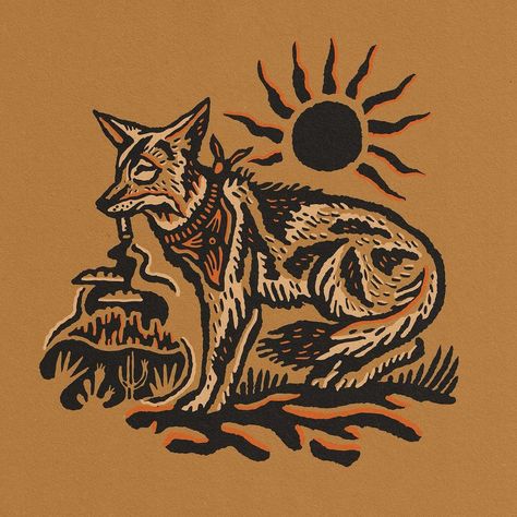 Rayco Design | Headed to see Colter Wall and couldn’t help but feel the inspo🌵 • • • #coyoteillustration #coyote #outdoordesign #coyotechewinonacigarette … | Instagram Coyote Drawing, Colter Wall, Coyote Tattoo, Z Tattoo, Boxing Posters, Western Artwork, Western Tattoos, Lino Art, Linocut Art