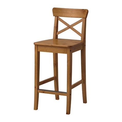 IKEA INGOLF Wood bar stool with backrest  $59 each (black/brown, antique - shown, white). Product dimensions Tested for: 220 lb Depth: 17 3/4 " Height: 35 7/8 " Seat width: 15 3/4 " Seat depth: 15 3/4 " Seat height: 24 3/4 " Ingolf Bar Stool, Ikea Barstools, Ikea Bar, Stool With Backrest, Cool Bar Stools, Kursi Bar, Kitchen Counter Stools, Pub Table Sets, Antique Stain