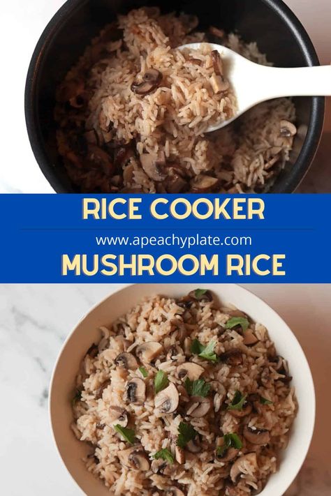 Rice cooker mushroom rice is a savory and hearty side dish made from cremini (or brown) mushrooms that goes well with just about any grilled meat or veggie. This recipe is a super easy rice cooker recipe using Jasmine rice. Just add the ingredients to your rice cooker, then hit the start button, you’ll have a delicious side dish on the table with minimal effort! Get the recipe on www.apeachyplate.com Jasmine Rice Cooker Recipes, Mushroom Rice In Rice Cooker, Rice Cooker Brown Rice, Rice Cooker Mushroom Rice, Wild Rice In Rice Cooker, Easy Rice Cooker Recipes, Rice Cooker Recipes Dinners, Rice Cooker Recipes Easy, Rice Cooker Recipes Healthy