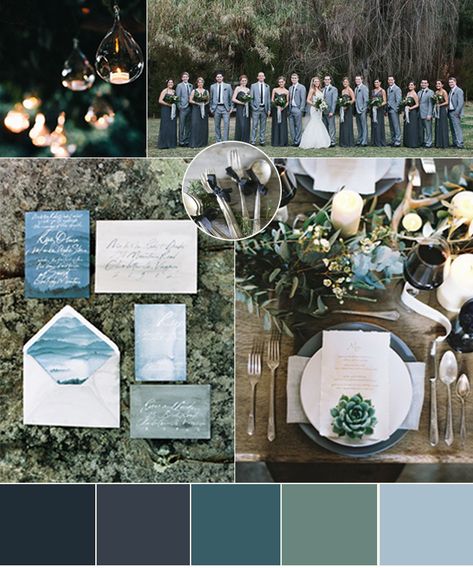 Deep Blue Wedding Colors, Blue Green Grey Wedding, Deep Sea Blue Wedding, Petrol Blue Wedding, Blue Wedding Mood Board, Blue And Deep Green Wedding Decor, Sea Glass And Navy Wedding, Light Blue Dark Green Wedding, Moody Blue Wedding Color Schemes