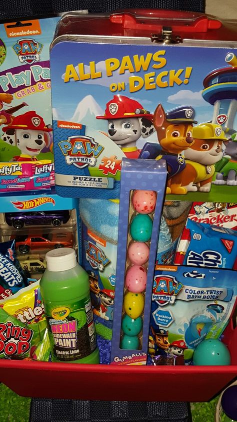 Paw Patrol Easter baskets Paw Patrol Easter Basket, Easter Basket Ideas For Boys, Diy Paw Patrol, Ideas For Preschoolers, Halloween Basket, Easter Basket Ideas, Halloween Baskets, Kids Easter Basket, Easter Games