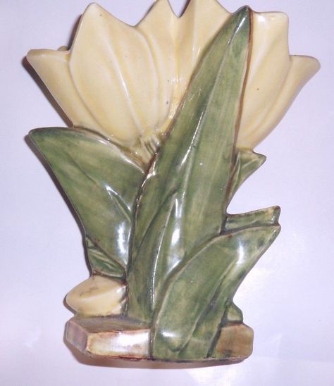 VINTAGE MCCOY ART POTTERY DOUBLE YELLOW TULIPS VASE PLANTER EASTER SPRING DECOR  picclick.com Mccoy Pottery Vases, Vintage Flower Pots, Tulip Vase, Tulips In Vase, Mccoy Pottery, Vase Shapes, Yellow Tulips, Tulip Flower, Painted Vases