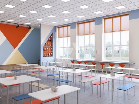 Modern School Design, Classroom Architecture, Canteen Design, Hall Colour, Contemporary Office Design, Classroom Interior, School Building Design, Kids Interior Design, Interior Design Renderings