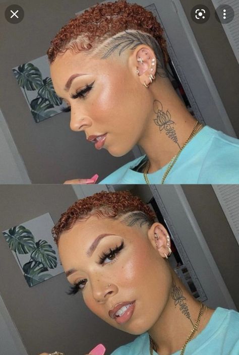 Cute Haircut For Black Women, Black Women Taper Fade Haircut, Faded Women Haircut, Fade Hairstyles For Black Women, Black Women Short Haircut Fade Designs, Design Haircuts Women, Pixie Haircut Fade, Big Chop Hairstyles 4c Hair Color, Female Fade Haircut Black Women Waves