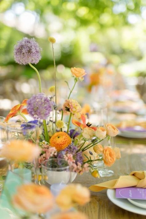 45 Refined Purple And Yellow Wedding Ideas - Weddingomania Lavender Blue Orange Wedding, Lavender And Tangerine Wedding, Purple Yellow Wedding Flowers, Bright October Wedding, Summer Colour Palette Wedding, British Summer Wedding, Colourful Spring Wedding, Orange Purple Green Wedding, Lavender And Orange Wedding