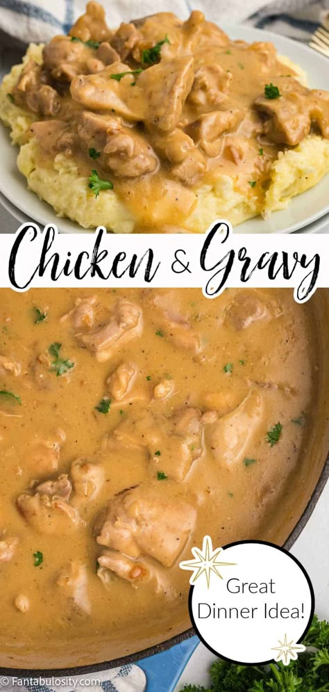 This chicken and gravy recipe is so great for an easy weeknight dinner! (Or weekend!) Simple ingredients, comfort food flavor and kid friendly! Chicken And Gravy Rotisserie, Chicken And Gravy Oven Baked, Chicken N Gravy Recipes, Recipes For Rotisserie Chicken Dinners, Cream Of Chicken Soup Gravy, Cube Chicken Recipes Easy, Rotisserie Chicken And Gravy Recipes, Rotisserie Chicken Gravy, Chicken Rice Gravy Recipes