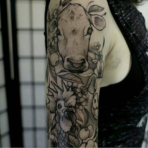 By norako_tattoo Cow And Sunflower Tattoo, Veterinarian Tattoo, Animal Rights Tattoo, Farm Tattoo, Vegan Tattoos, Tatoo Dog, Chicken Tattoo, Protection Tattoo, Earthy Tattoos