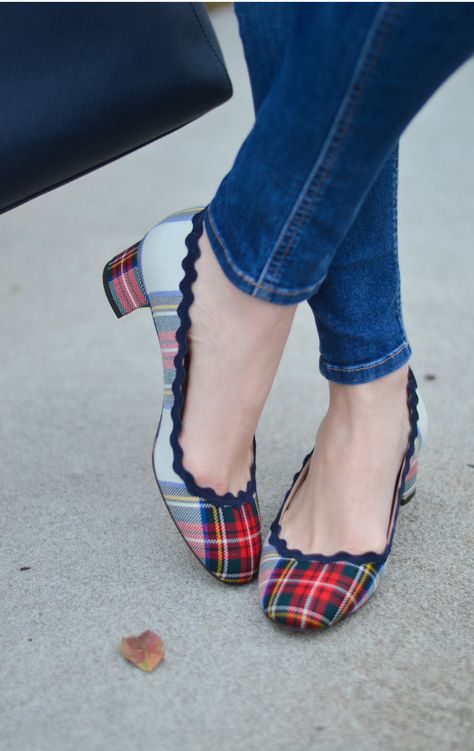 J.Crew Scalloped Heels in Festive Plaid Heeled Boots Outfit Going Out, Heels Boots Outfit, Office Heels, Tennis Shoe Outfits Summer, Tartan Fashion, Plaid Shoes, Work Music, Tennis Shoes Outfit, Chunky Heel Pumps