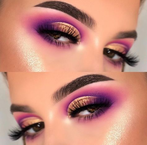 Purple and Gold Makeup. Pink Purple Gold Eye Makeup, Purple Gold Makeup Look, Purple And Yellow Eyeshadow, Purple And Gold Makeup Looks, Purple And Gold Eye Makeup, Purple And Gold Eyeshadow, Carnival Makeup Caribbean, Purple And Gold Makeup, Genie Makeup