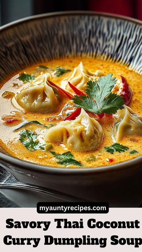 Looking for friendsgiving food ideas? This Thai Coconut Curry Dumpling Soup is the ultimate recipe! Rich in flavor yet light and healthy, it’s ideal for creating a memorable winter dinner. The velvety coconut broth and dumplings make every spoonful a delight. Share this dish to impress your guests! Seafood Dumpling Soup, Thai Coconut Curry Dumpling Soup, Asian Chicken Dumpling Soup, Thai Coconut Potsticker Soup, Spicy Curry Soup, Potstickers Soup Recipe, Coconut Curry Dumpling Soup, Curry Dumpling Soup, Thai Wonton Soup