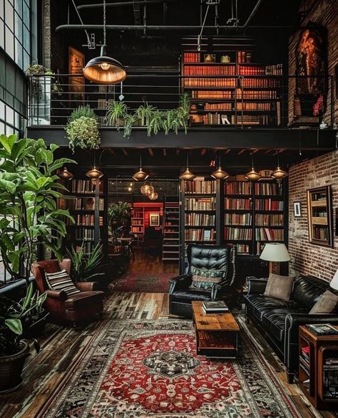 Industrial Mansion, Clawfoot Tub Ideas, Dream Home Library, Clawfoot Tubs, Cozy Library, Eclectic Bathroom, Loft Industrial, Tub Ideas, Dark Home Decor