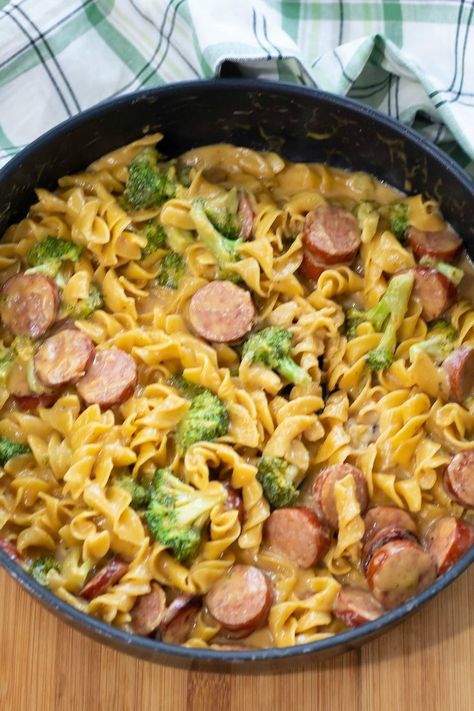 Cheesy Broccoli Sausage Pasta Skillet Sausage Pasta And Broccoli, Smoked Sausage And Broccoli Pasta, Cheesy Smoked Sausage Pasta With Broccoli, One Pan Sausage Pasta, Sausage Broccoli Recipes, Smoked Sausage And Broccoli Recipes, Beef Sausage Pasta Recipes, Broccoli And Sausage Recipes, Chicken Sausage Recipes For Dinner