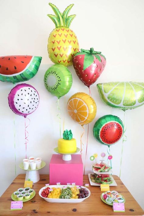 This Two-tti frutti birthday party is so bright and colorful! See more party ideas and share yours at CatchMyParty.com  #catchmyparty  #partyideas #fruit #tuttifrutti #tuttifruttibirthdayparty #girlbirthdayparty #desserttable Fruit Party Theme, Tutti Frutti Birthday Party, Flamingo Animal, Tutti Frutti Party, Fruit Birthday Party, Animal Balloons, 2nd Birthday Party For Girl, Tropical Birthday Party, Pineapple Birthday