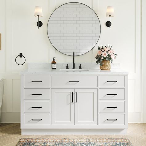 PRICES MAY VARY. Material- 60" single bathroom vanity is made of solid hardwood construction with plywood panels. It is the most durable and sturdy wood material on the market today for bathroom vanities. Another advantage of plywood is that it will resist expansion and contraction with moisture accumulation and temperature changes. No cracking, warping or paint peeling. There is No MDF or cheap particle board on the entire vanity. White painted finish. Countertop- Indulge in the timeless allure Carrara Quartz, Quartz Vanity Tops, Hardwood Plywood, Bathroom Vanity Base, White Quartz Countertop, Marble Vanity Tops, Transitional Bathroom Vanities, Bathroom Vanities For Sale, Wood And Marble