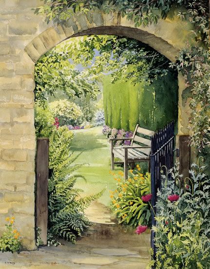 . Garden Mural, Garden Watercolor, Open Door, Garden Painting, 수채화 그림, Garden Gate, Mural Painting, Garden Gates, Mural Art